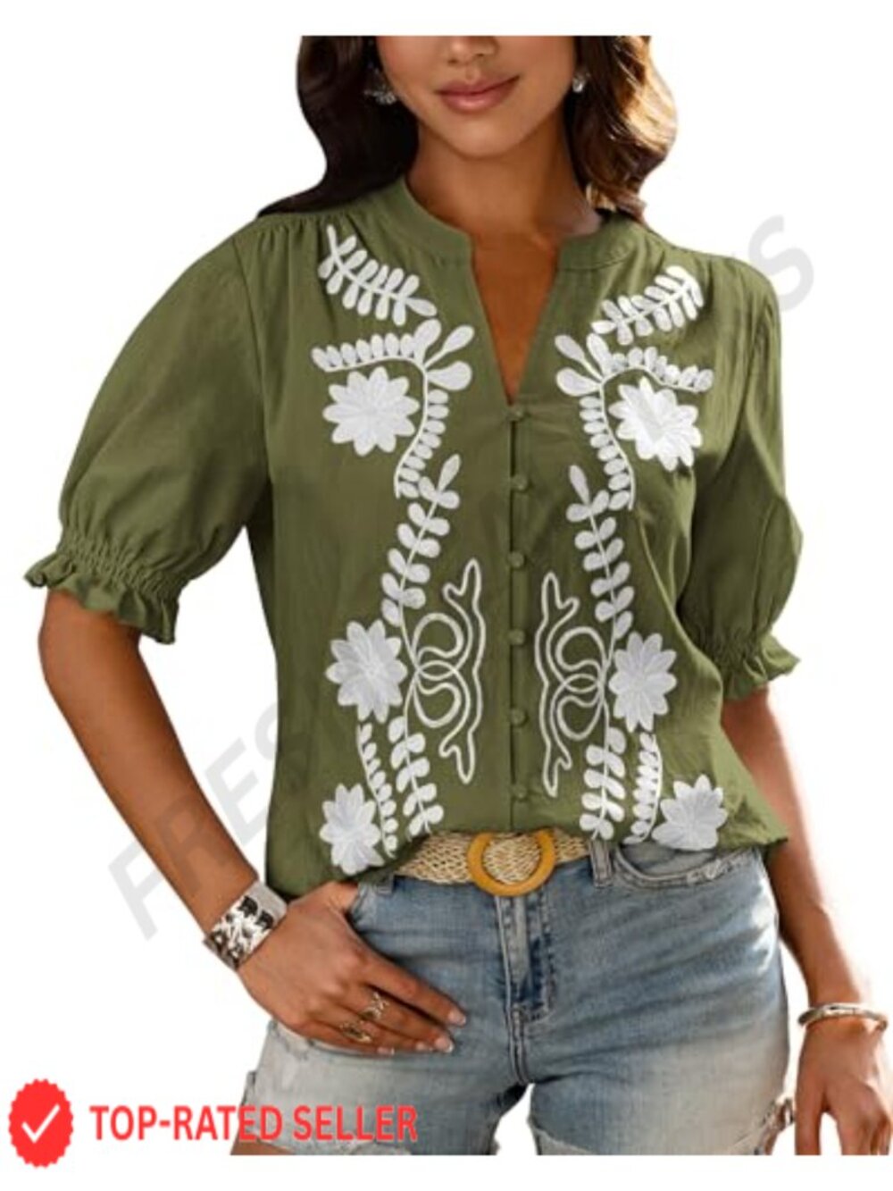 Women's Embroidered V Neck Puff Sleeve Button Down Blouse